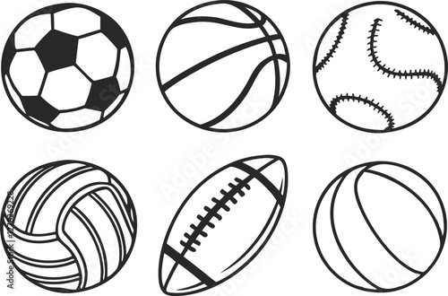 Sport balls set. Ball icons. Balls for Football, Soccer, Basketball, Tennis, Baseball, Volleyball. Vector illustration
