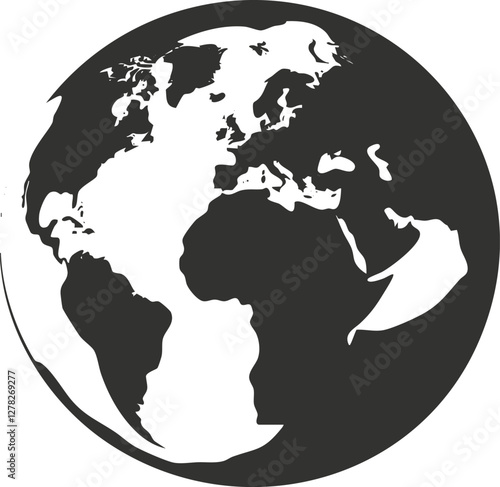 Black and white silhouette of a globe showing continents and oceans.