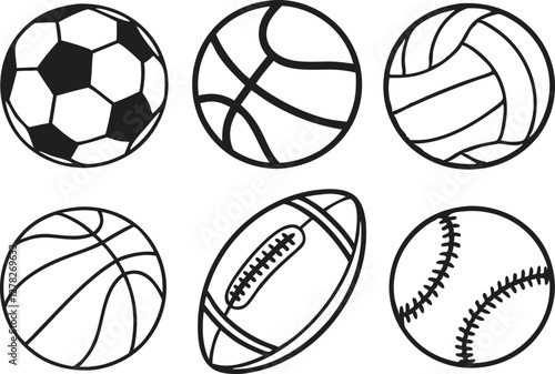 Sport balls set. Ball icons. Balls for Football, Soccer, Basketball, Tennis, Baseball, Volleyball. Vector illustration