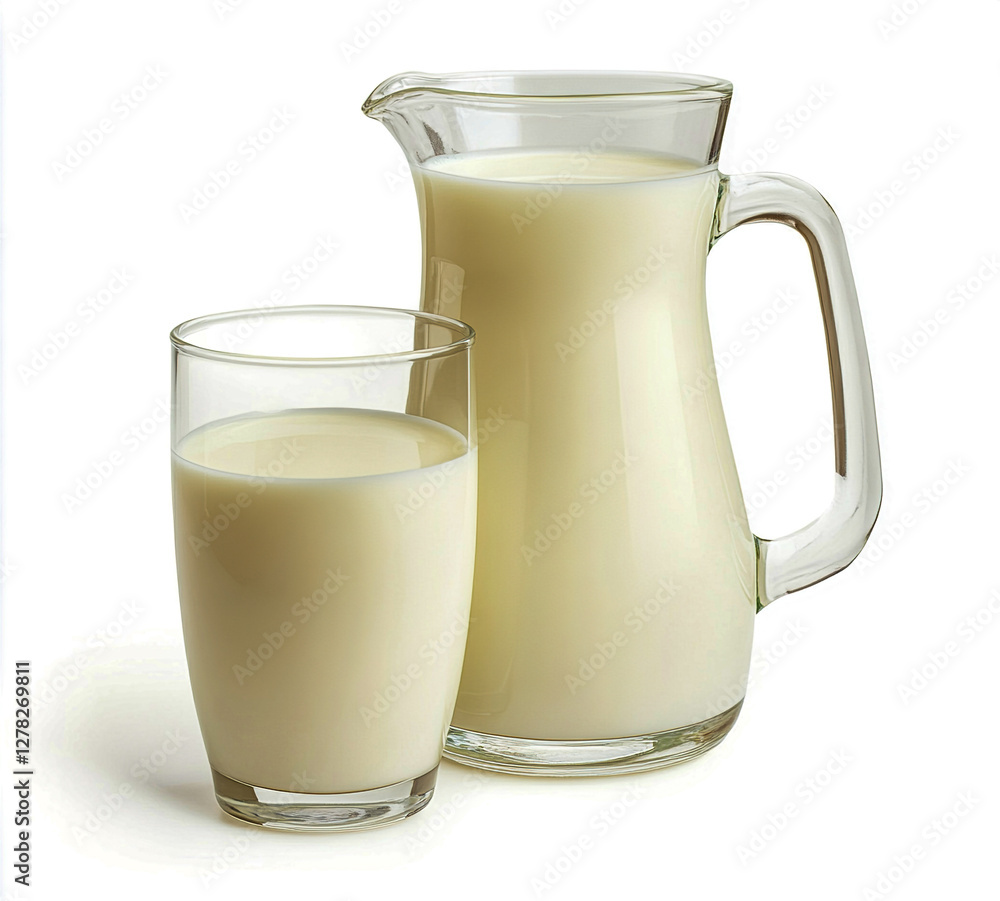 Dairy Product Photography Milk in Jug and Glass, Crisp White Background Dairy Product Photography Milk in Jug and Glass, Crisp White Background