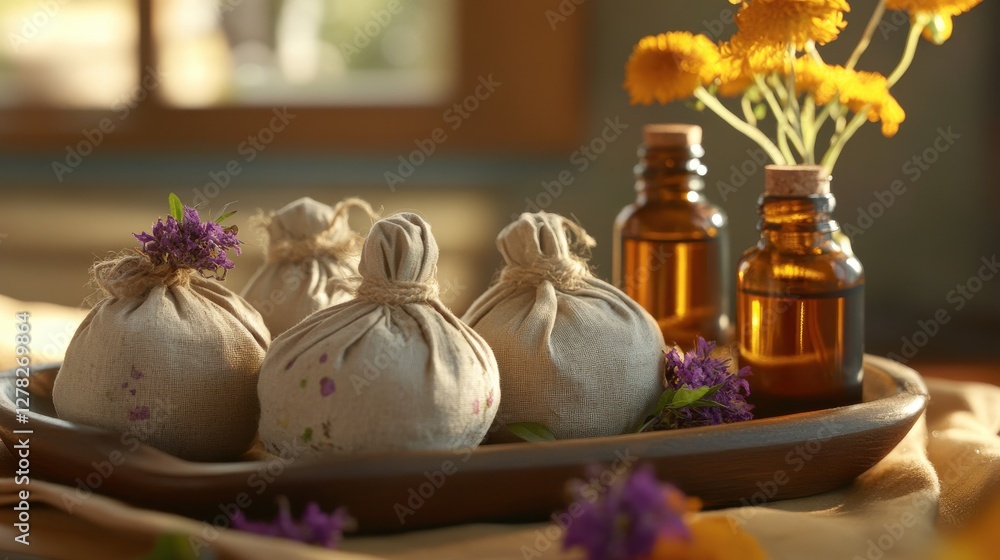 Obraz premium Herbal Pouches and Essential Oils Displayed on Wooden Tray