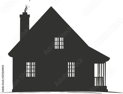 Silhouette of a house with chimney and porch on a white background.