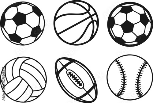 Sport balls set. Ball icons. Balls for Football, Soccer, Basketball, Tennis, Baseball, Volleyball. Vector illustration