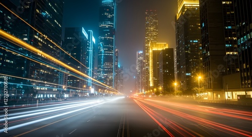 Horizonte cinematográfico futurista nocturno con rascacielos brillantes y luces con efecto de desenfoque de movimiento