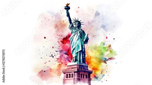 Watercolor painting of the iconic Statue of Liberty monument a national symbol of freedom and independence in New York City USA with vibrant color splashes and abstract style on a white background