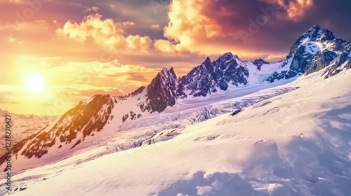 Majestic Sunrise Over Snowy Mountain Peaks - A Breathtaking Winter Wonderland