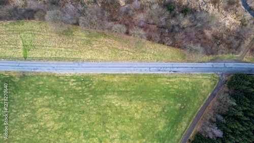 Wallpaper Mural An expansive aerial view captures a tranquil road winding through lush green fields amidst thriving trees and nature Torontodigital.ca