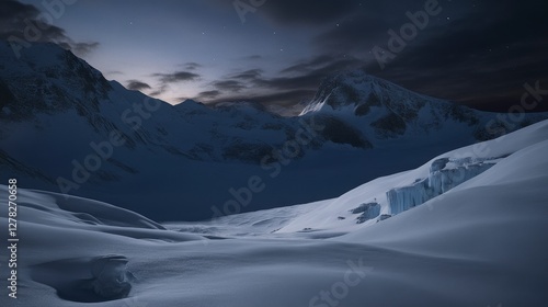Nightfall in the Snowy Mountains: A Majestic Winter Landscape