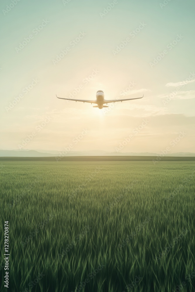 Naklejka premium Sunset glow envelops aircraft soaring above lush green fields, e