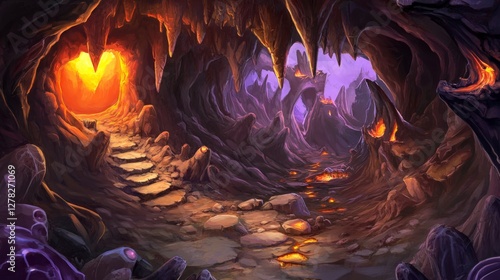Enthralling Fantasy Cave Landscape with Lava and Heart Shaped Entrance