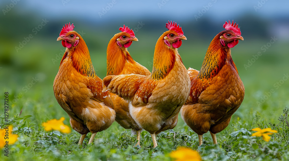 Fototapeta premium Golden Flock: A Quartet of Poultry in a Meadow, Symbol of Farm Freshness and Natural Beauty, Perfect for Agricultural Promotion