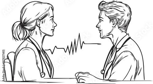 Illustration of doctor and patient discussing health with heartbeat line between them.