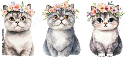 Watercolor painting of a cute British Shorthair cat with a flower crown on a white background