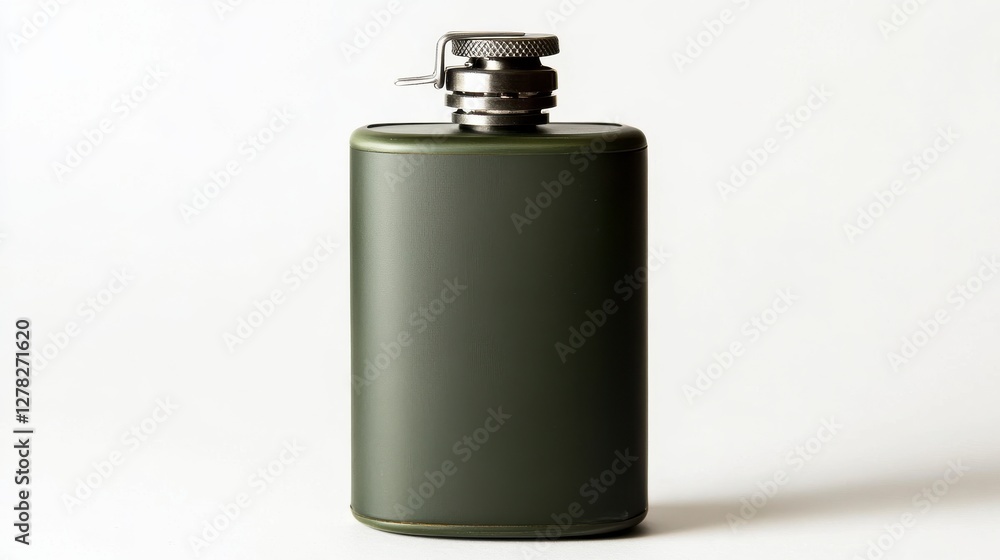 Olive Green Metal Flask with Silver Cap on White Background Olive Green Metal Flask with Silver Cap on White Background