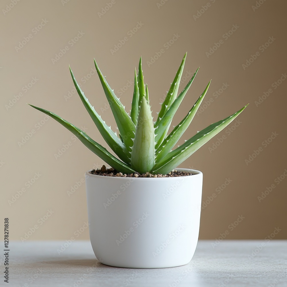 Aloe vera plant in white pot against a neutral background showcasing its vibrant green leaves and minimalist style Aloe vera plant in white pot against a neutral background showcasing its vibrant green leaves and minimalist style