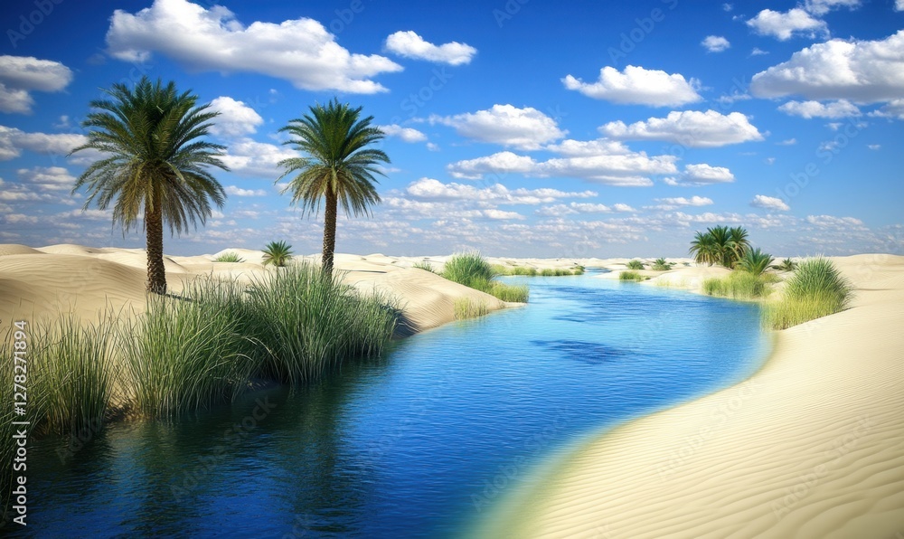 Obraz premium Serene desert oasis with palm trees and a winding river under a bright blue sky