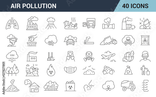 Air Pollution Line Editable  icon set. Including CO2, Ozone, Particulate Matter, Industrial Emissions, Waste, and More. vector illustration. 