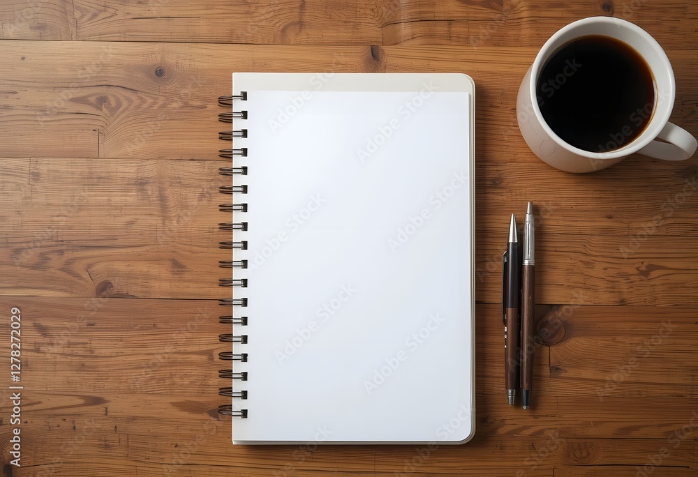 Notebook with a blank page on a wooden desk, with a pen lying next to it and a cup of coffee nearby Notebook with a blank page on a wooden desk, with a pen lying next to it and a cup of coffee nearby