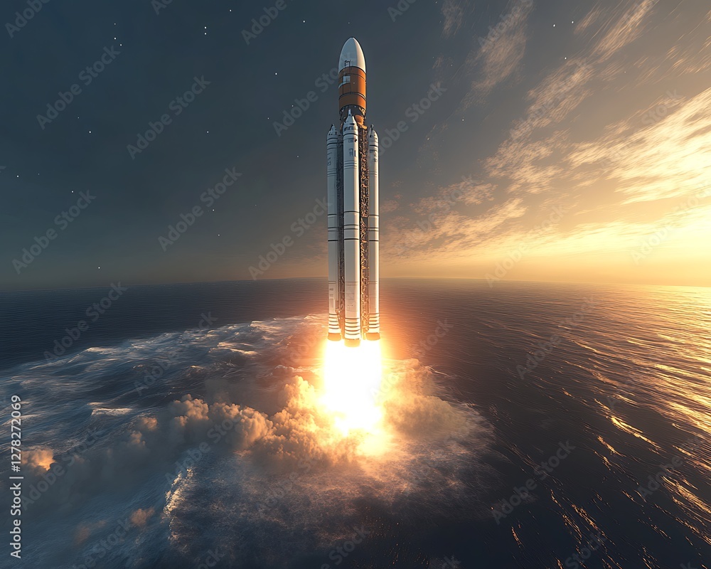 Fototapeta premium Rocket Launch Sunrise Over Ocean Clouds