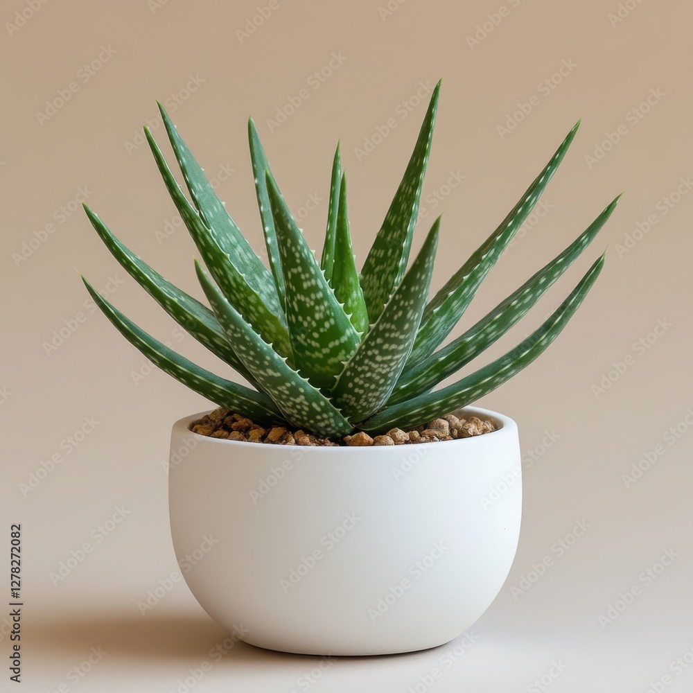 Captivating aloe vera plant in white pot against a neutral backdrop showcasing vibrant green leaves and unique texture in soft studio light Captivating aloe vera plant in white pot against a neutral backdrop showcasing vibrant green leaves and unique texture in soft studio light