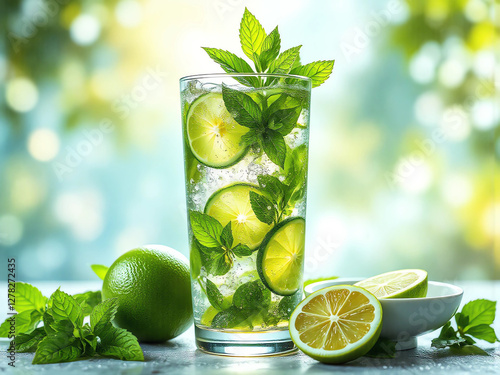 Erfrischendes Getränk mit Limetten und Minze