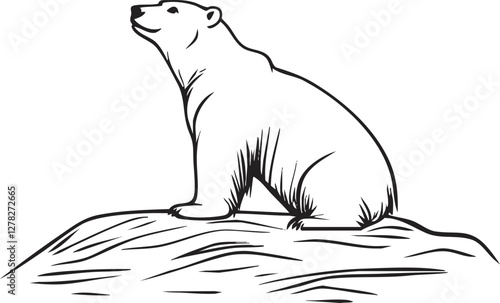 Black and white illustration of a polar bear on a hill.