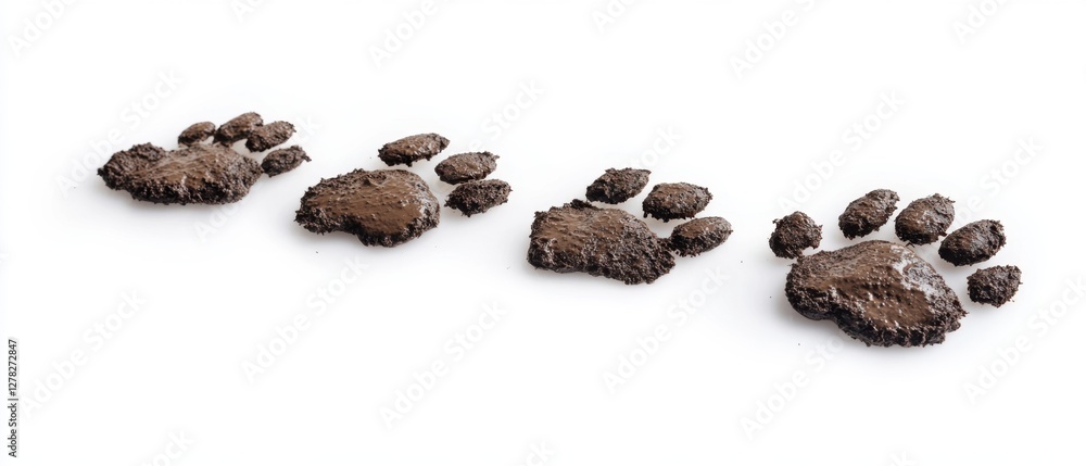 Muddy paw prints march across a pristine white background in a playful and whimsical display of nature's touch Muddy paw prints march across a pristine white background in a playful and whimsical display of nature's touch