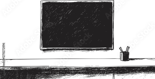 Illustration of a classroom blackboard and desk with pencils.