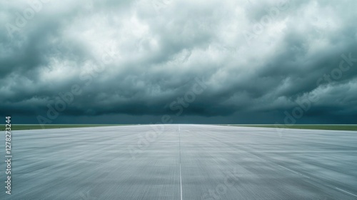 Dramatic sky looms over glistening runway, creating an atmospher photo