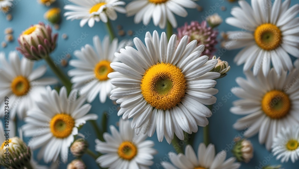 Fototapeta premium Vibrant Close-Up of a Daisy Flower on a Blue Background with Additional Daisies and Ample Space for Text Overlay
