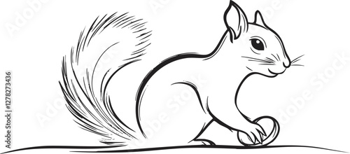 Simple black and white sketch of a squirrel with bushy tail.
