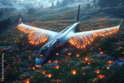 Futuristic aircraft with glowing wings descends into vibrant flo