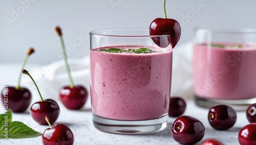 Wallpaper Mural Cherry Smoothie in a Glass with Fresh Cherries and Mint on a Light Background Ideal for Healthy Drink Promotions and Recipe Design Torontodigital.ca