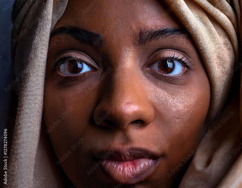 Close up de la cara de la virgen con la cabeza tapada por una túnica, mirando de frente con fuerte expresión Close up de la cara de la virgen con la cabeza tapada por una túnica, mirando de frente con fuerte expresión