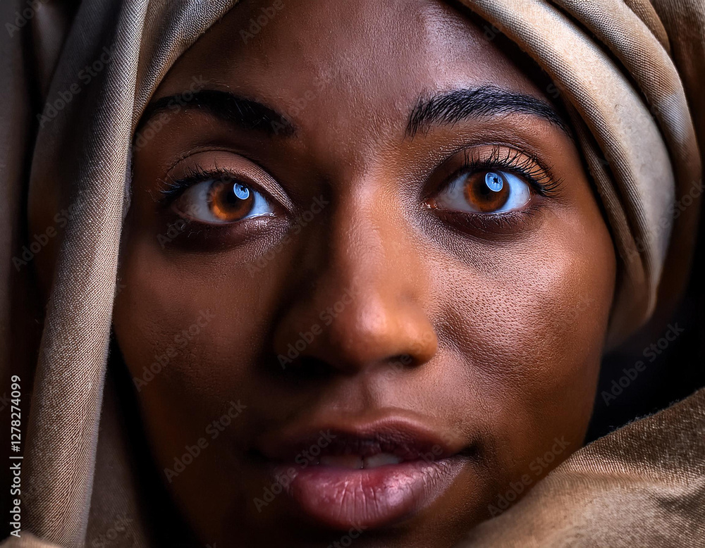 Close up de la cara de la virgen con la cabeza tapada por una túnica, mirando de frente con fuerte expresión Close up de la cara de la virgen con la cabeza tapada por una túnica, mirando de frente con fuerte expresión