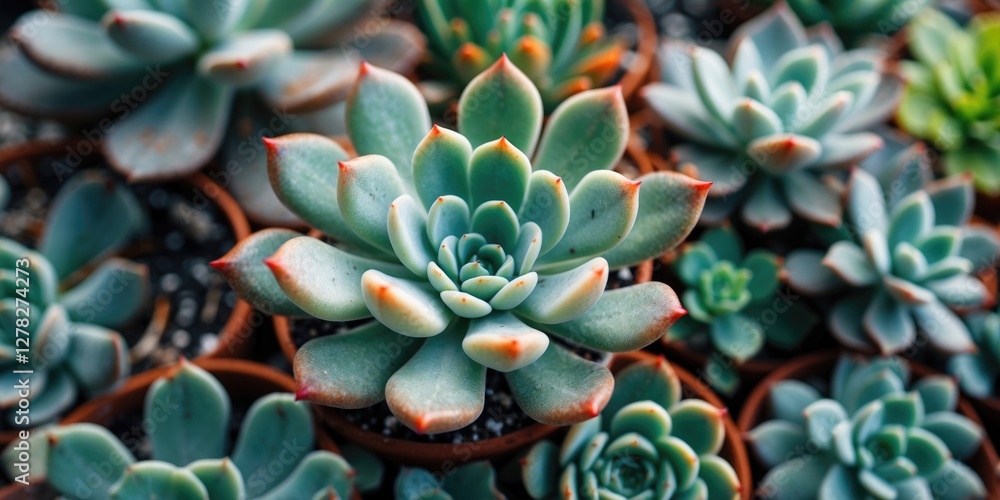 Close Up of Vibrant Succulent Plants in Pots with Soft Focus and Empty Space for Creative Text or Design Elements. Close Up of Vibrant Succulent Plants in Pots with Soft Focus and Empty Space for Creative Text or Design Elements.