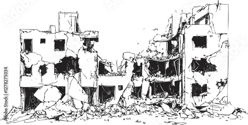 Black and white illustration of a demolished urban building.