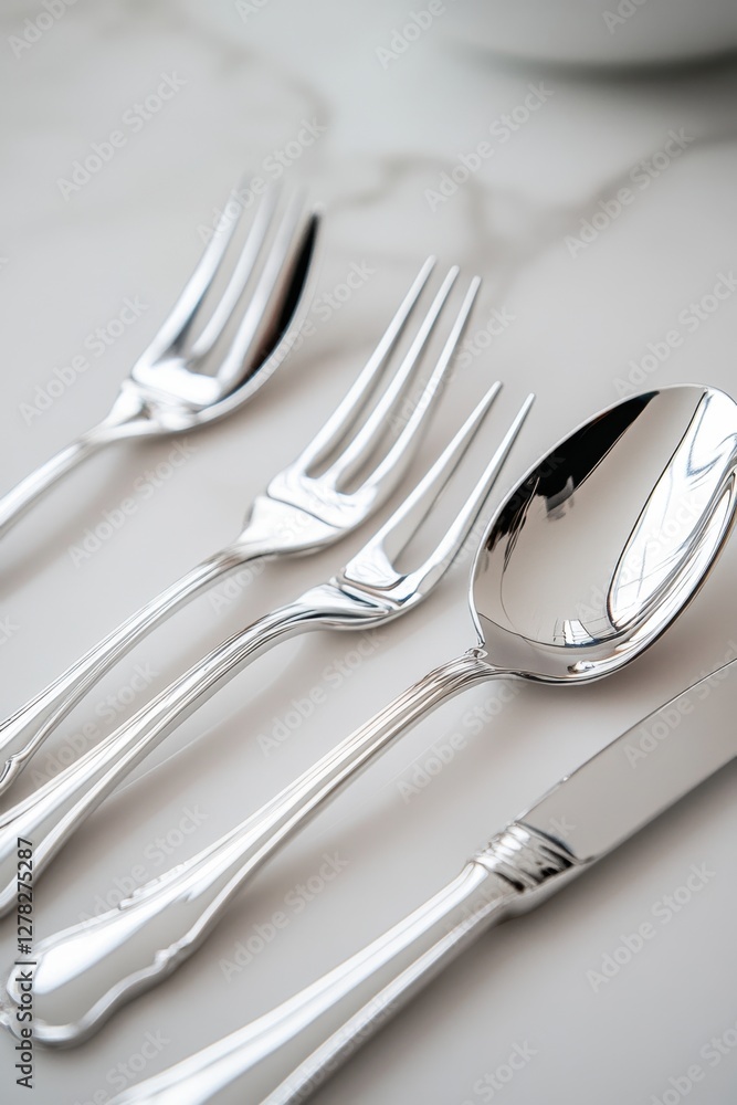 Elegant silver cutlery set on marble surface reflecting light creating a sophisticated dining ambiance perfect for culinary presentation and restaurant promotion Elegant silver cutlery set on marble surface reflecting light creating a sophisticated dining ambiance perfect for culinary presentation and restaurant promotion