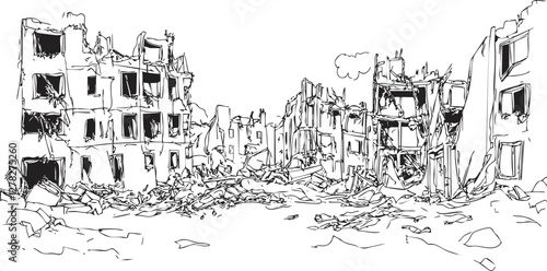 Illustration of war-torn urban ruins with collapsed buildings and debris.