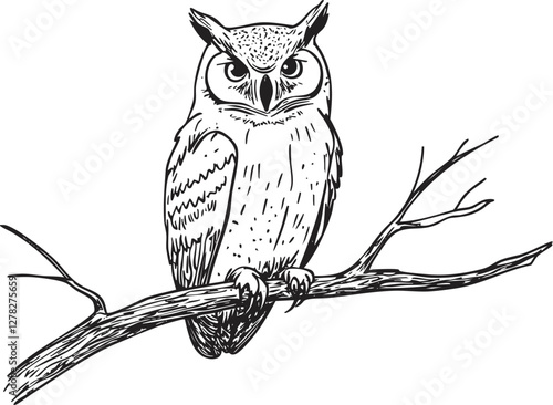 Detailed sketch of an owl perched on a branch in monochrome.