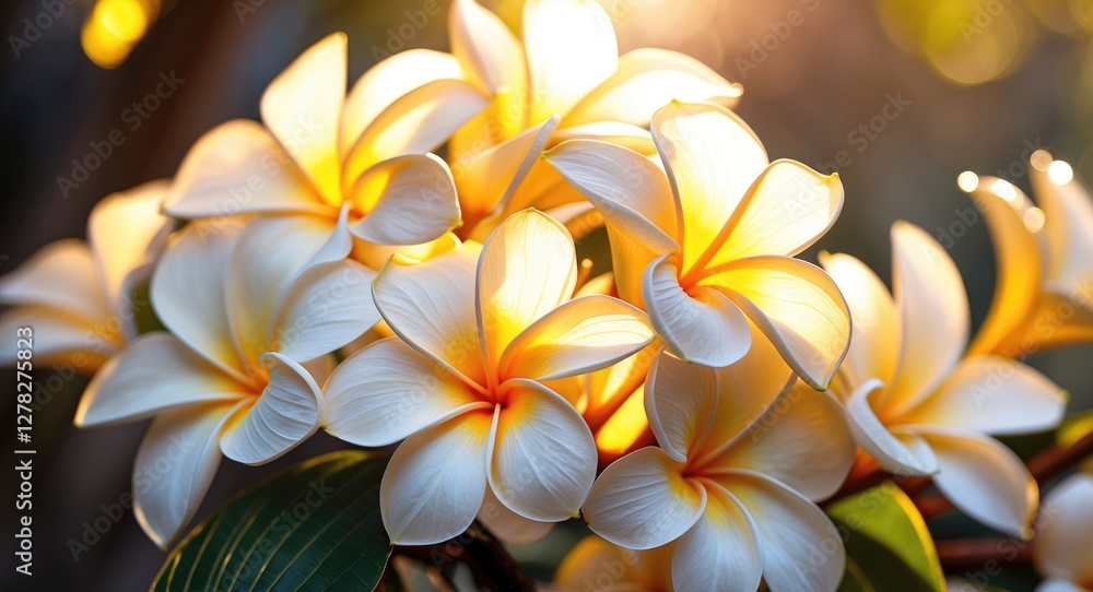 Sunlit Frangipani Flowers Showcasing Vibrant Petals and Soft Glow in Nature's Beautiful Garden Setting. Sunlit Frangipani Flowers Showcasing Vibrant Petals and Soft Glow in Nature's Beautiful Garden Setting.