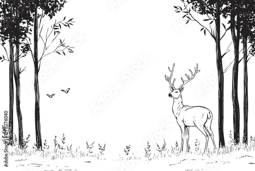Deer with antlers in a forest silhouette illustration, surrounded by trees.