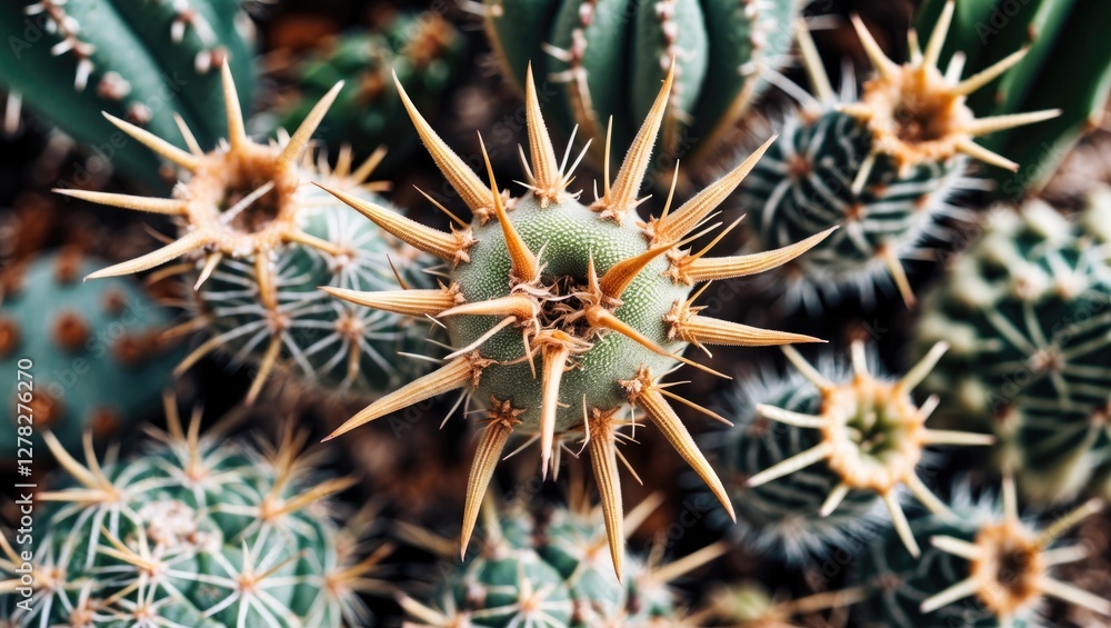 Fototapeta premium Detailed closeup of various cactus thorns and spines showcasing unique textures and colors from an overhead perspective.