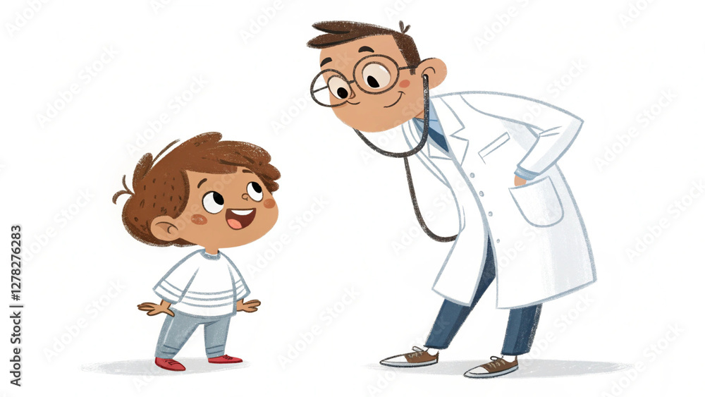 cartoon vector illustration shows smiling medical people, doctor with stethoscope, and child patient in a hospital health scene cartoon vector illustration shows smiling medical people, doctor with stethoscope, and child patient in a hospital health scene