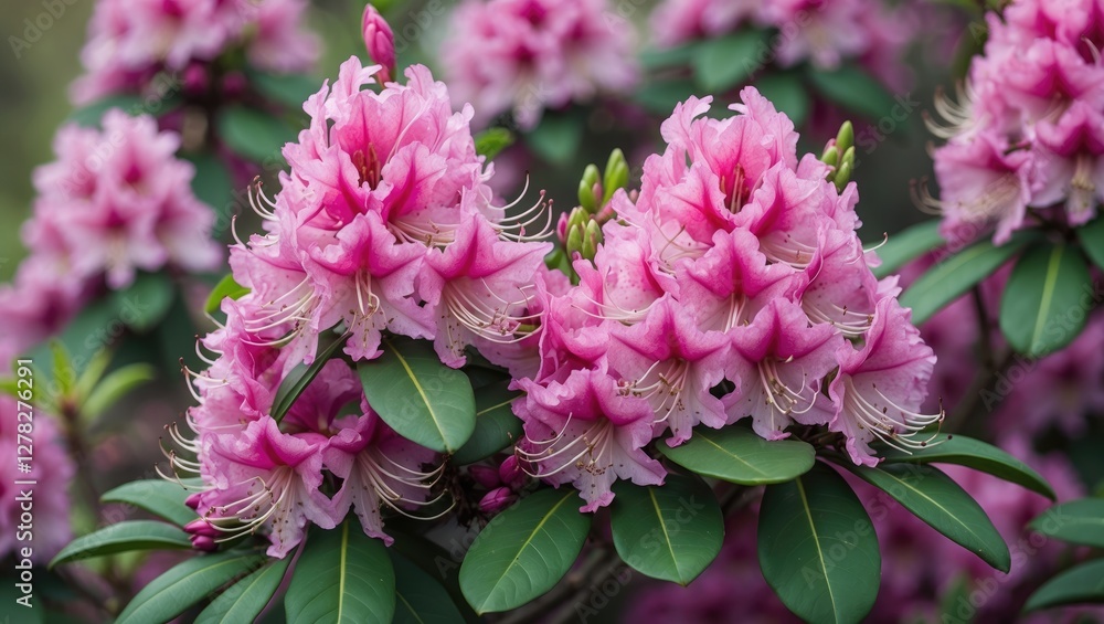 Fototapeta premium Closeup of Vibrant Pink Rhododendron Flowers Showcasing Lush Foliage in a Summer Garden Setting. Perfect for Floral Nature Themes.