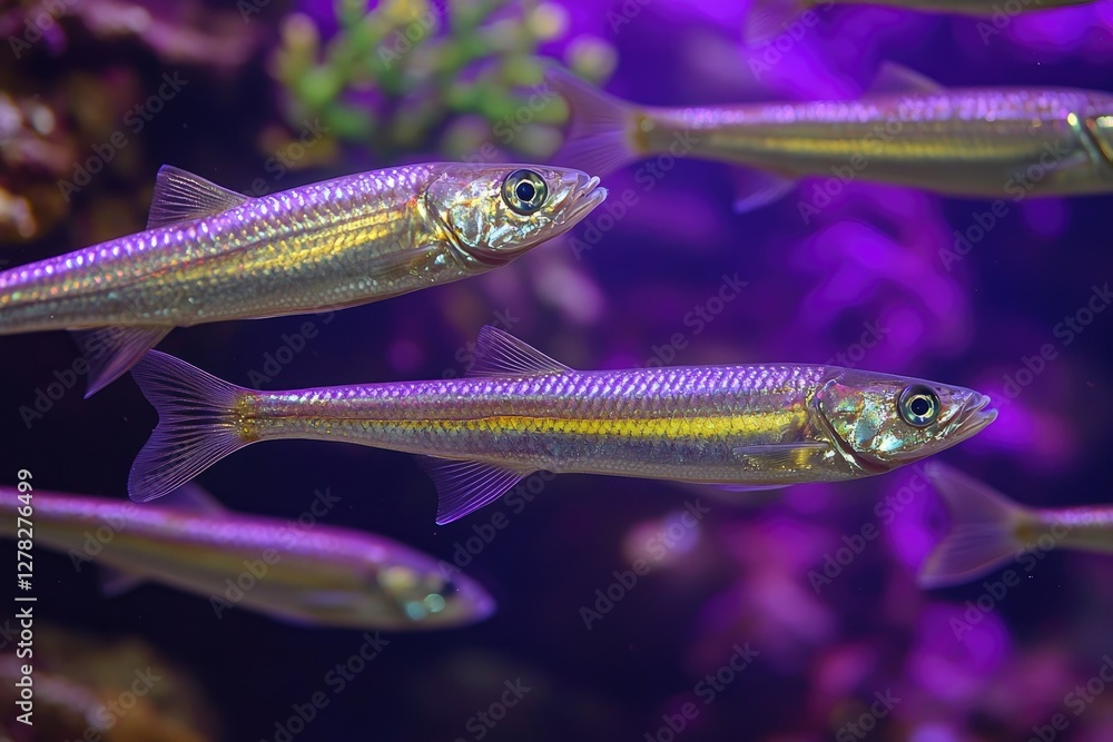 Silverfish School Swimming in Purple Aquatic Environment