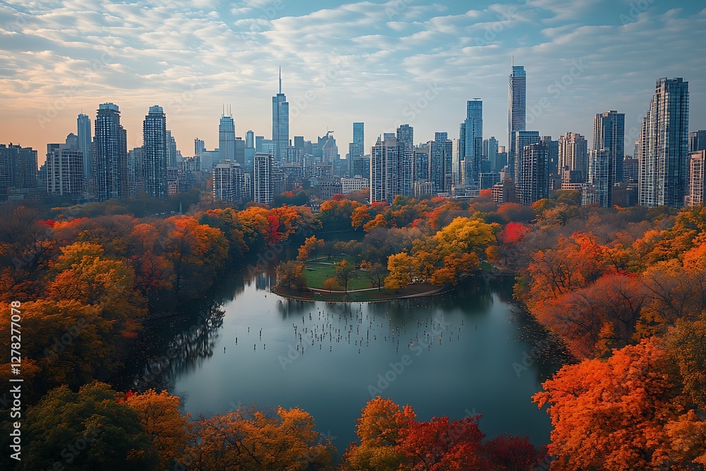 Fototapeta premium Autumn city skyline park lake