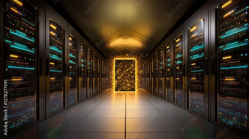 Cybersecurity visualization with encrypted servers and a futuristic firewall shield. Cybersecurity visualization with encrypted servers and a futuristic firewall shield.