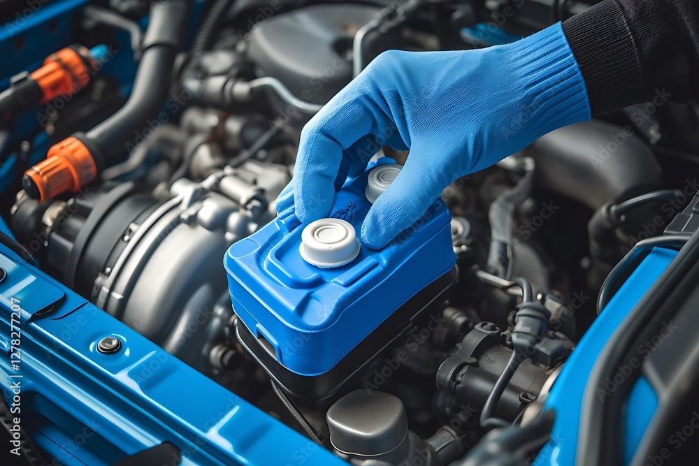Fototapeta premium Blue glove filling car engine fluid