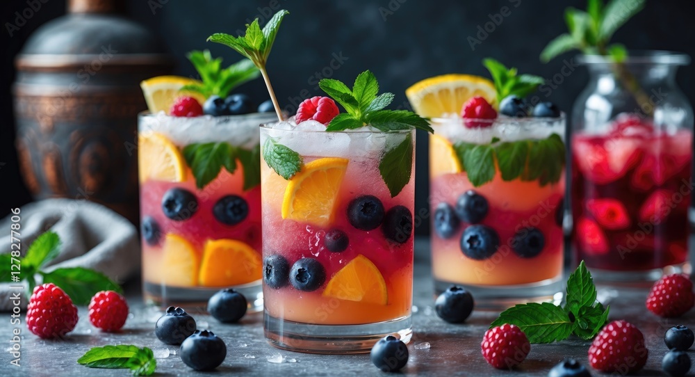 Refreshing Summer Cocktails Garnished with Fresh Fruits Berries and Mint on a Dark Background Refreshing Summer Cocktails Garnished with Fresh Fruits Berries and Mint on a Dark Background